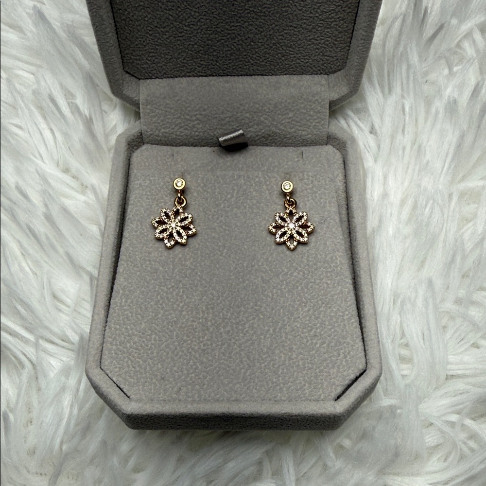 Pandora 14k Gold Floral Drop Earrings with Sparkling Accents
